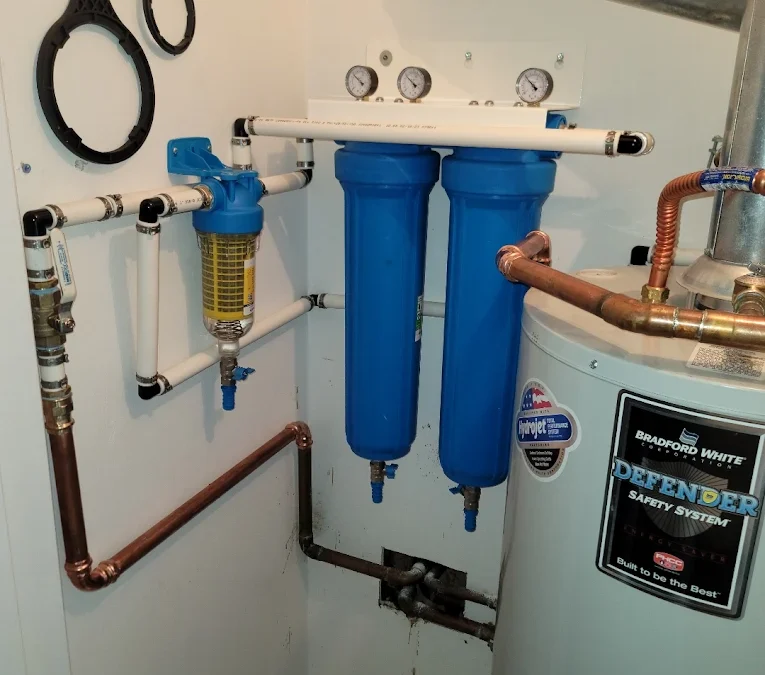 Water heater and whole-home water filtration system installed by Division One Plumbing in Spokane Valley, WA